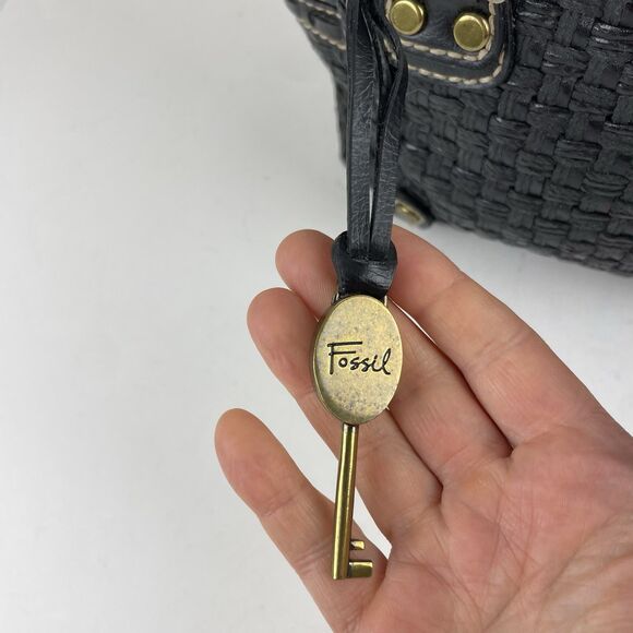 Fossil Modern Vintage Raffia Black Rattan Leather Woven Satchel Shoulder Bag Key - Picture 2 of 16